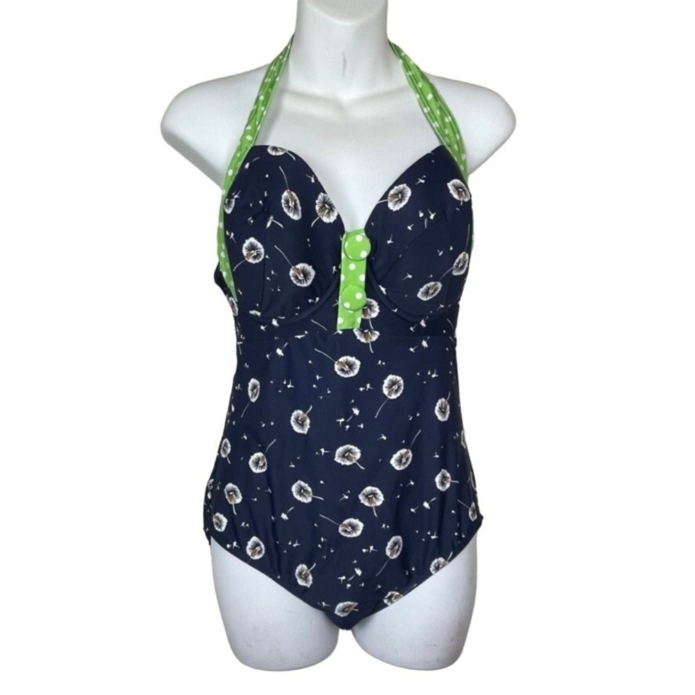 Joe Browns Pin Up Swimsuit 34DDD Blue White Floral Retro One Piece Vintage Style